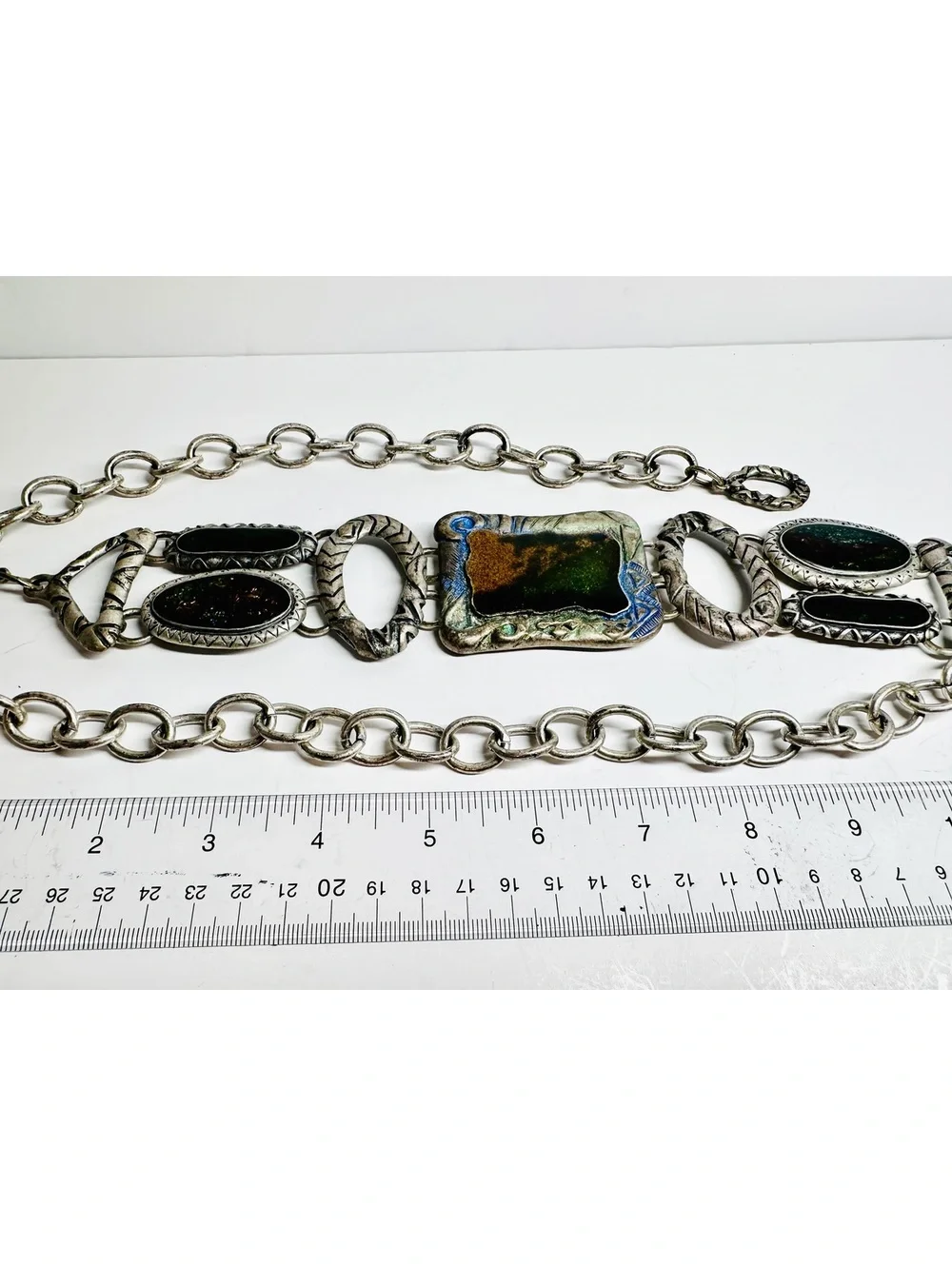 Vintage Chico’s Adjustable Chain Belt Enamel Dichroic Glass Metal Medallions